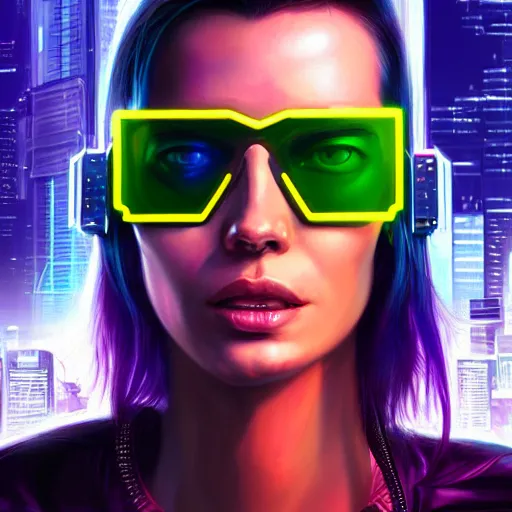 Image similar to epic portrait of cyberpunk Carpenter Charisma wearing mirrorshades, Night City, cyberpunk 2077, neon megacity in the background, angry and bored, illustration, soft lighting, soft details, painting oil on canvas by mark arian by artgerm, trending on artstation, 4k, 8k, HD