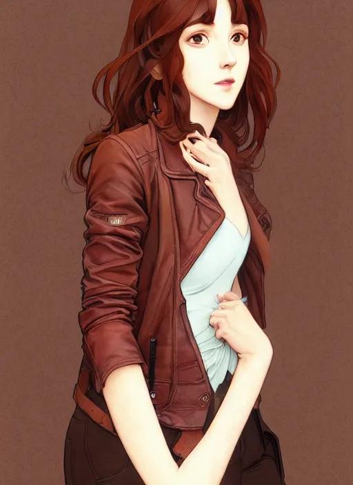 Image similar to pretty young woman with shoulder length dark red hair and wearing brown leather jacket, path traced, highly detailed, high quality, digital painting, by studio ghibli and alphonse mucha, leesha hannigan, makoto shinkai, disney