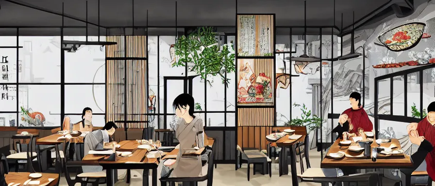 Image similar to a beautiful interior view illustration of a small roasted string hotpot restaurant in yan'an city, restaurant wall paper is a tower on a mountain, rectangle white porcelain table, people are eating, black chair, animation illustrative style, from china, simple style structure decoration design, victo ngai, james jean, 4 k hd