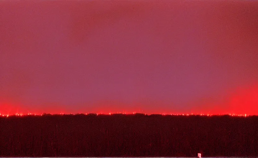 Image similar to burning field, dark, night, red light in the sky, smoke, 1998 photo