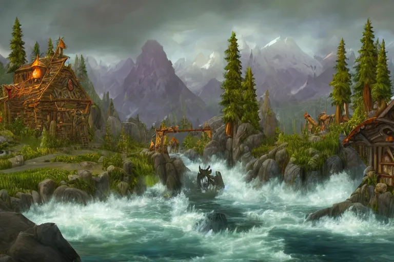 Image similar to world of warcraft environment with trees and a platform in the center, rocky mountains and a river, horses in the foreground, beautiful, concept