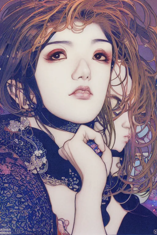 Image similar to beautiful medium shot manga portrait of mahmood inspired by ayami kojima with short hair dressed with a white t - shirt, white background white bank studio light, art by yoshitaka amano, alfons mucha, hiroaki samura, jiro matsumoto and yusuke murata, sharp focus, high quality, 8 k