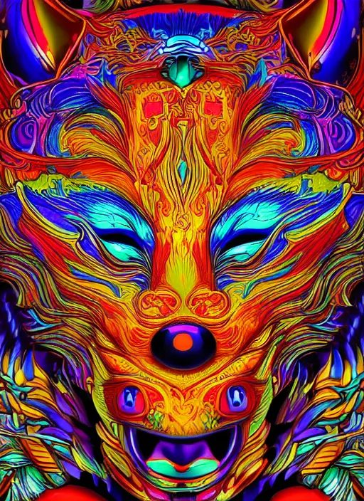 Prompt: detailed illustration of a kitsune mask, sacred feeling, bright colors, extremely detailed, digital art, studio lighting, psychedelic atmosphere