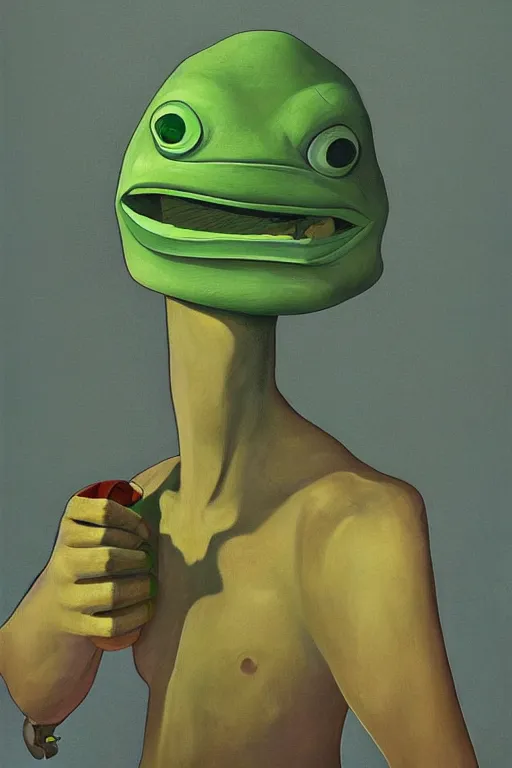 Image similar to Pepe frog wearing Oculus and trash bin over his head Edward Hopper and James Gilleard, Zdzislaw Beksisnski, higly detailed