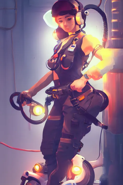 Image similar to a portrait of a cute female mechanic, industrial setting, overwatch art team, action pose, vivid colors, soft lighting, atmospheric, cinematic, moody, splash art in the style of ilya kuvshinov and range murata, oil on canvas, 8 k