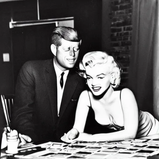 Prompt: a highly detailed photo of marilyn monroe and jfk playing yu - gi - oh, antique photo