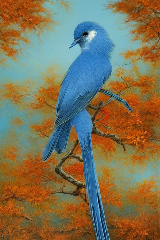 Prompt: meticulous painting, A small, delicate bird with pale blue plumage and long, skinny legs. It is hopping on the ground, searching for food. The background is a beautiful blue sky on a autumn day. by xue ji, bian luan, Ferdinand Knab, bob ross