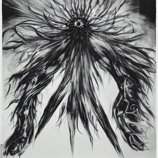 Image similar to A beautiful experimental art of a large, monster looming over a cityscape. The monster has several eyes and mouths, and its body is covered in spikes. It seems to be coming towards the viewer, who is looking up at it in fear. icy by Richard Hamilton, by Ruth Bernhard rich details