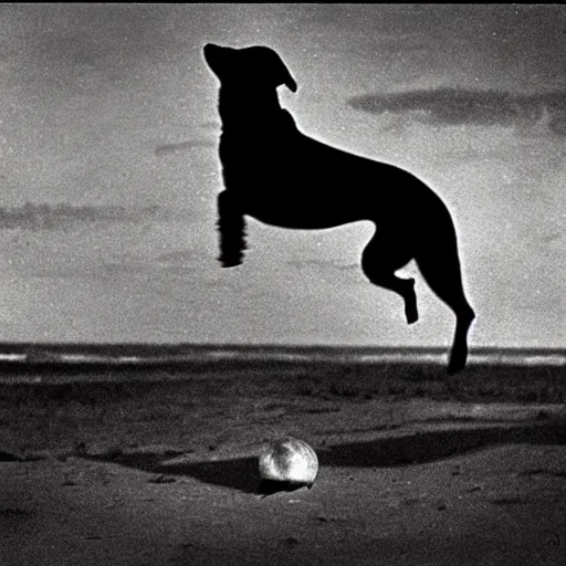 Image similar to an early 1 9 0 0 s photograph of a luminescent black dog levitating high over the beach, magical orbs, moonlight, nighttime