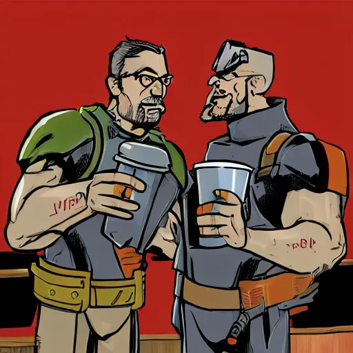 Image similar to Gordon Freeman and doomguy drink coffee