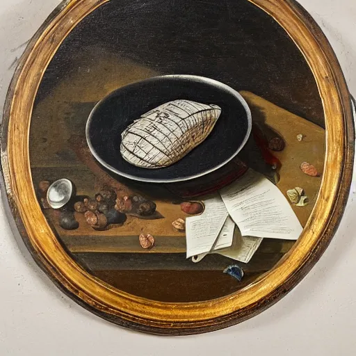 Prompt: classic still life of a large pile of black flies served on a round silver platter on a wooden table, oil on canvas, highly detailed