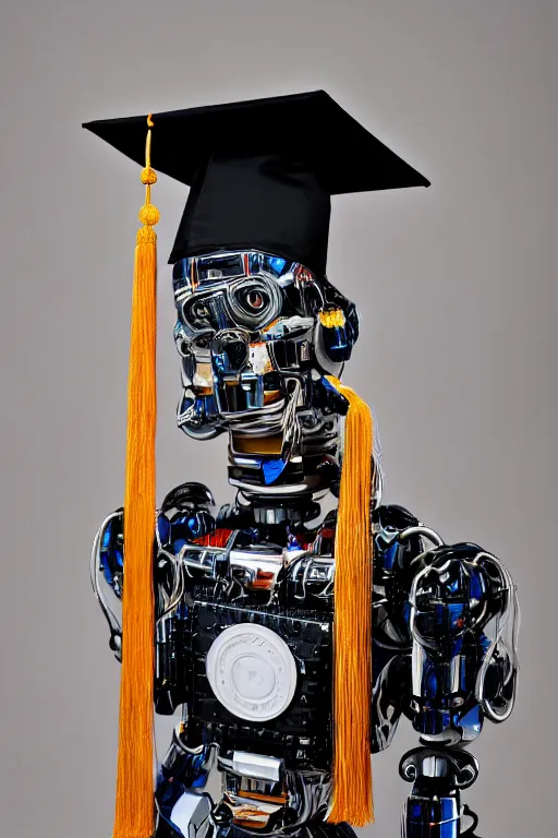 Prompt: a portrait photo of a extremely detailed robot graduating wearing a graduation hat. nikon z 9. 5 0 mm, f / 1. 8 photography. portrait photography. ultra hd, 8 k, graduation photo