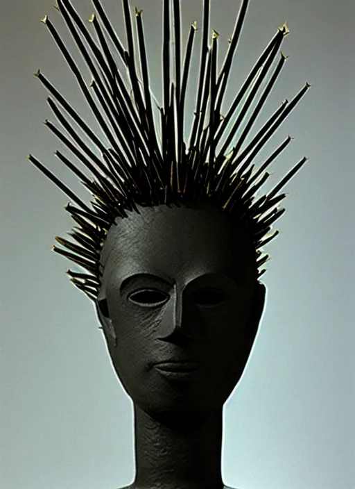 Prompt: realistic photo of a full - height head mask model made of black rubber clay realistic sculpture made of black clay, covered in very very long brass spikes needles, center straight composition, 2 0 0 0, life magazine photo, museum archival photo