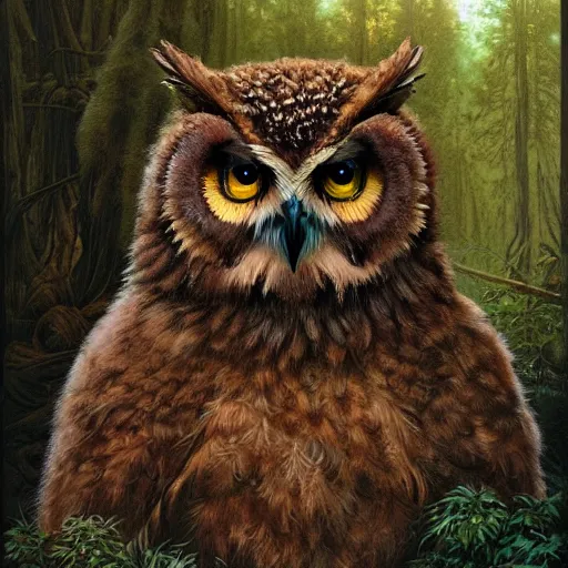 Image similar to three quarter portrait of an owlbear in the forest, d & d, fantasy, michael whelan,