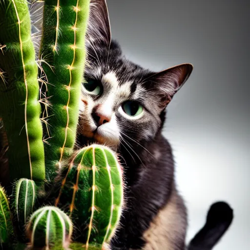 Image similar to A photograph of a cat licking a cactus, close view, studio lighting, DSLR, bokeh