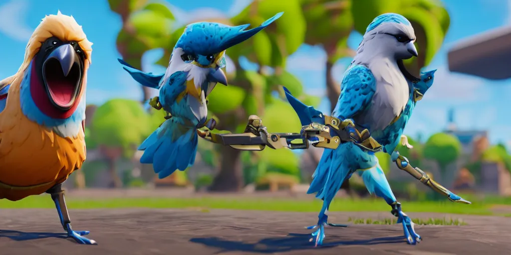 Prompt: an anthropomorphic muscular budgie as a fortnite skin. high quality 8 k resolution