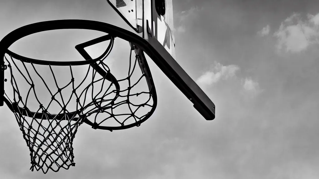 Image similar to a photograph of a basketball rebound from above the rim, in the styles of sports illustrated, a nike advertisement, and ansel adams. intricate, hyperrealistic, monochrome hdr