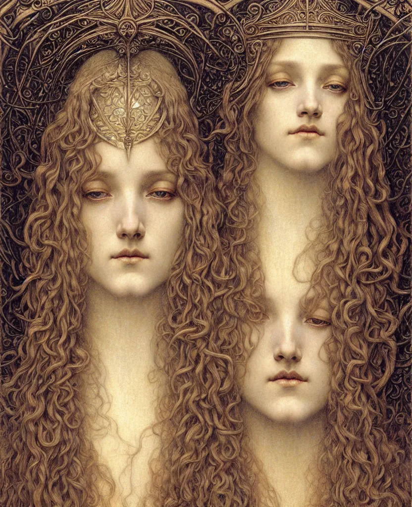 Image similar to detailed realistic beautiful young medieval queen face portrait by jean delville, gustave dore and marco mazzoni, art nouveau, symbolist, visionary, gothic, pre - raphaelite. horizontal symmetry