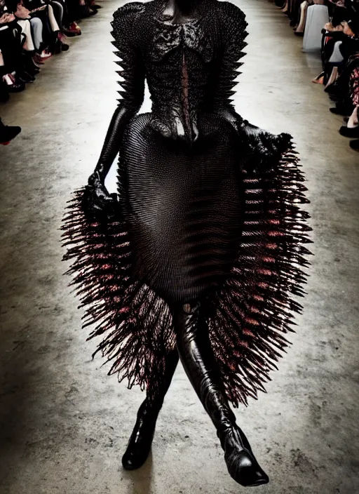 Prompt: walking down the catwalk, stage, vogue photo, podium, fashion show photo, historical baroque dress dark, iris van herpen, masterpiece, intricate, biopunk, vogue, highly detailed