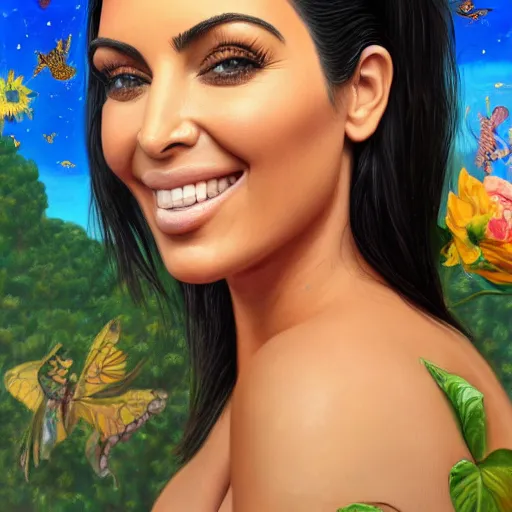 Prompt: amazing surreal hyperdetailed portrait painting of a kim kardashian smiling surrounded by wonderful things. hq. 8 k. trending on artstation