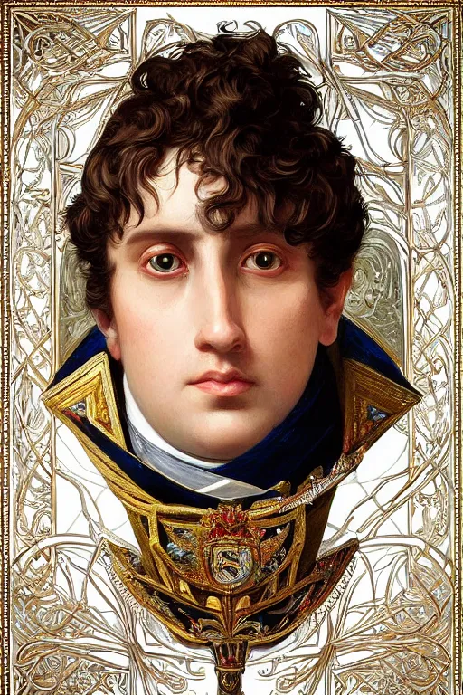 Prompt: hyperdetailed portrait of handsome manly god king napoleon bonaparte, laurel crown, digital painting, artstation hq, sharp focus illustration, full color, artstation intricate, elegant. wlop, artgerm, greg rutkowski, alphonse mucha, medium shot. dan mumford, tomokazu matsuyama, takato 4 yamamoto