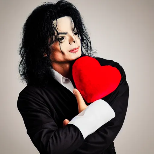 Image similar to photography of michael jackson holding a plush heart, 4 k, highly detailed, hd