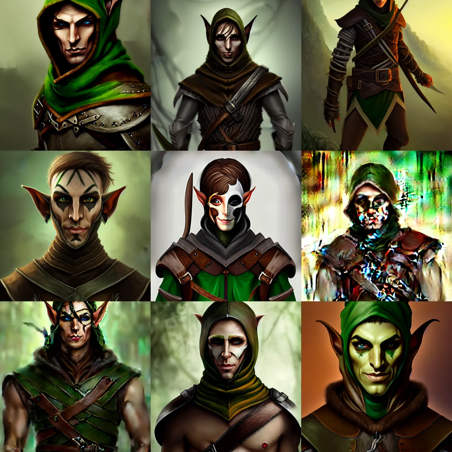Prompt: Male Wood Elf Rogue, dnd, d&d, leather armor, black bandana mask, Chest Guard, Brown Hair, green eyes, visible face, pretty face features, high fantasy, matte painting, by wlop