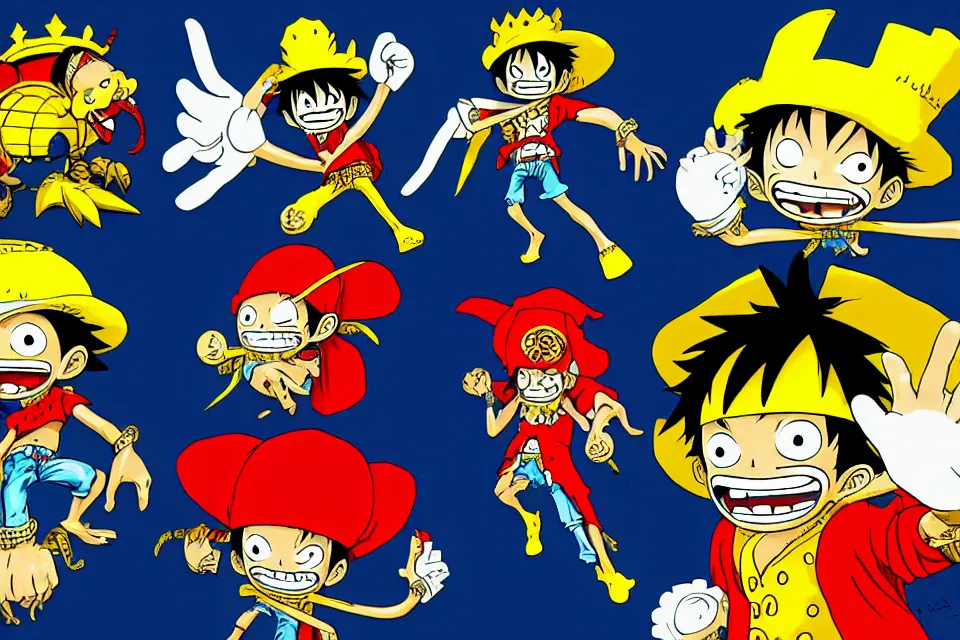 Image similar to concept sketches of luffy wearing a gold crown riding a large dragon by jamie hewlett, in the style of megaman, micro detail