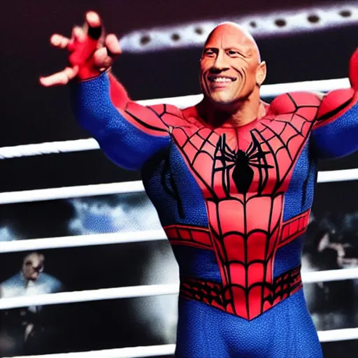 Image similar to dwayne johnson entering entrances of wwe as spiderman