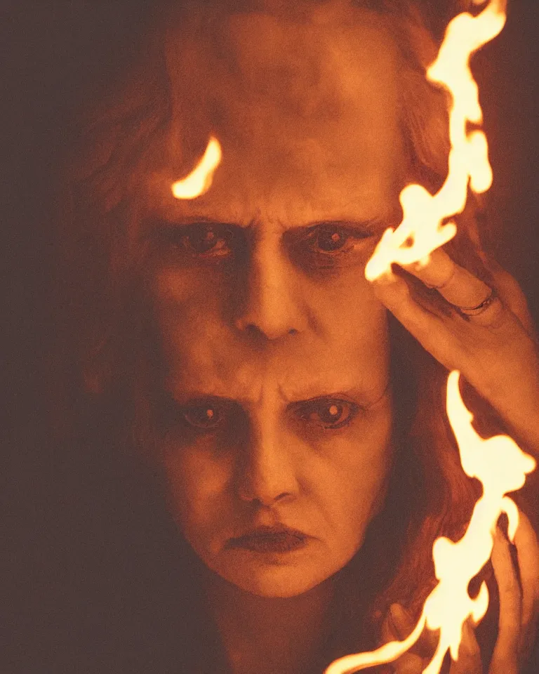 Prompt: haunted portrait of a miserable woman with flame in her eyes, retro, vintage, cinematic lighting, detailed, textured