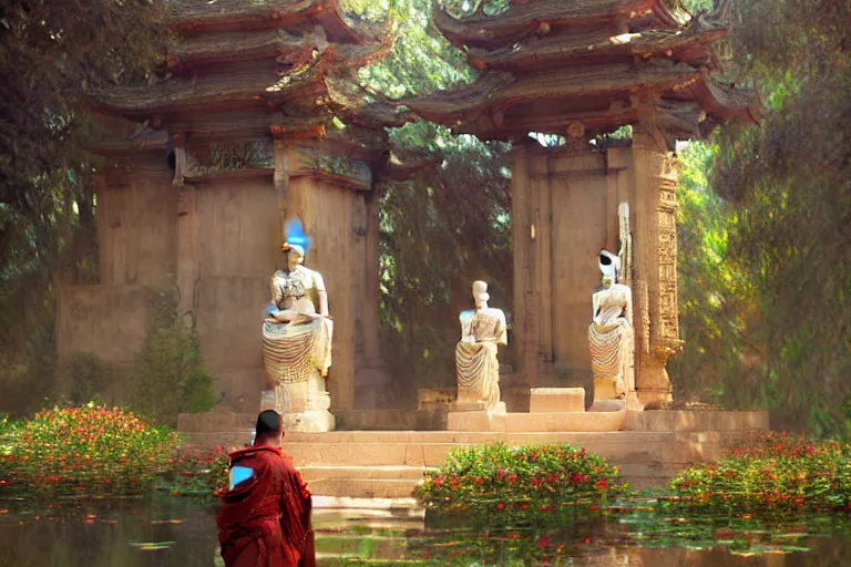 Image similar to temple, buddhism, impressionnisme, painting by greg rutkowski, artgerm, claude monet