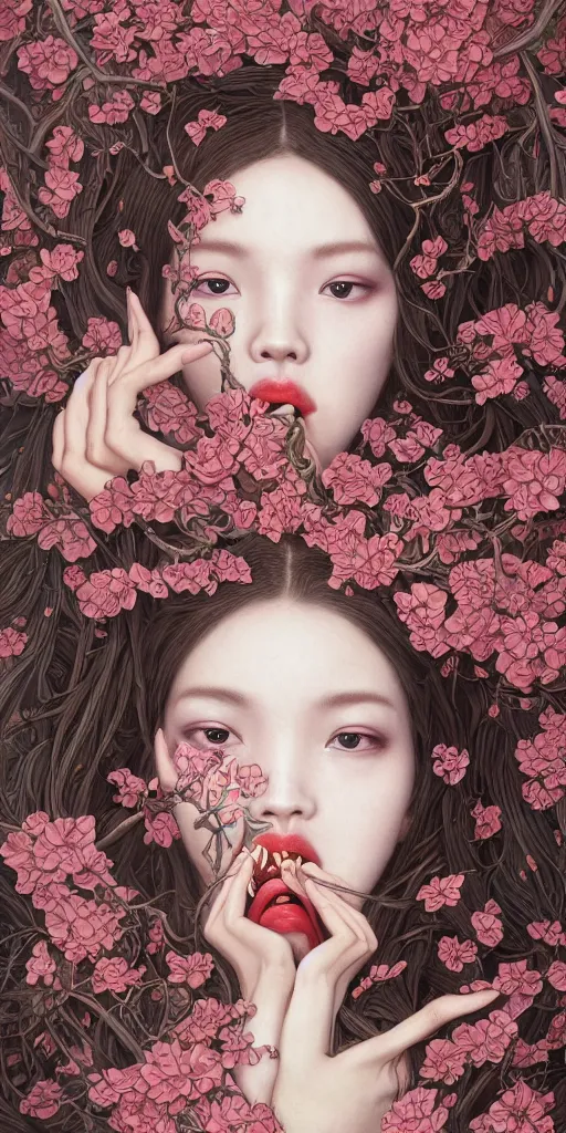 Prompt: breathtaking detailed concept art painting of a woman with snakes crawling in her mouth and eyes flowers, blackpink ornate background,twisted branches of leaves and flowers, by Hsiao-Ron Cheng, James jean, Miho Hirano, takato yamamoto, centipedes extremely moody lighting, 8K