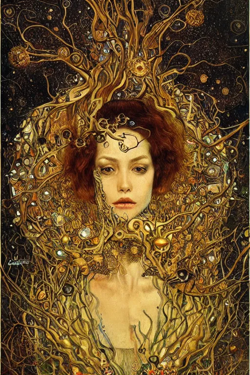 Image similar to The Wreath of Thorn and Bone by Karol Bak, Jean Deville, Gustav Klimt, and Vincent Van Gogh, otherworldly, fractal structures, arcane, prophecy, ornate gilded medieval icon, third eye, spirals