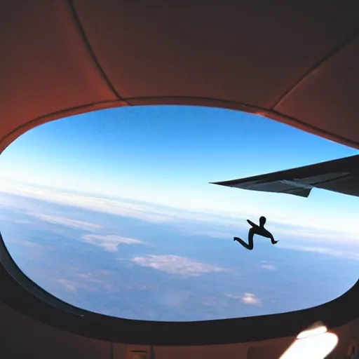 Image similar to a man in an airplane is watching his friends bouldering