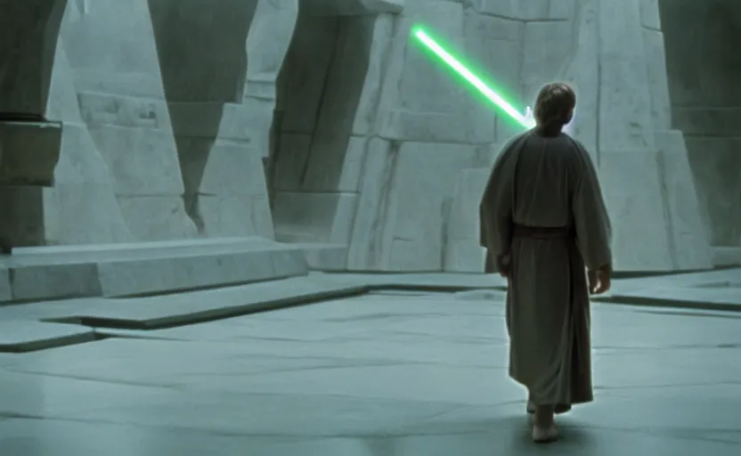 Prompt: screenshot of master Luke Skywalker alone in a a Jedi Temple, objects floating around him, iconic scene from the 1970s thriller directed by Stanely Kubrick film, color kodak, ektochrome, anamorphic lenses, detailed faces, moody cinematography