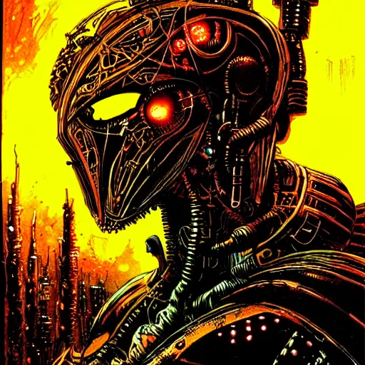 Image similar to cyberpunk knight, atmospheric lighting, painted, intricate, golden hour, ultra detailed by philippe druillet