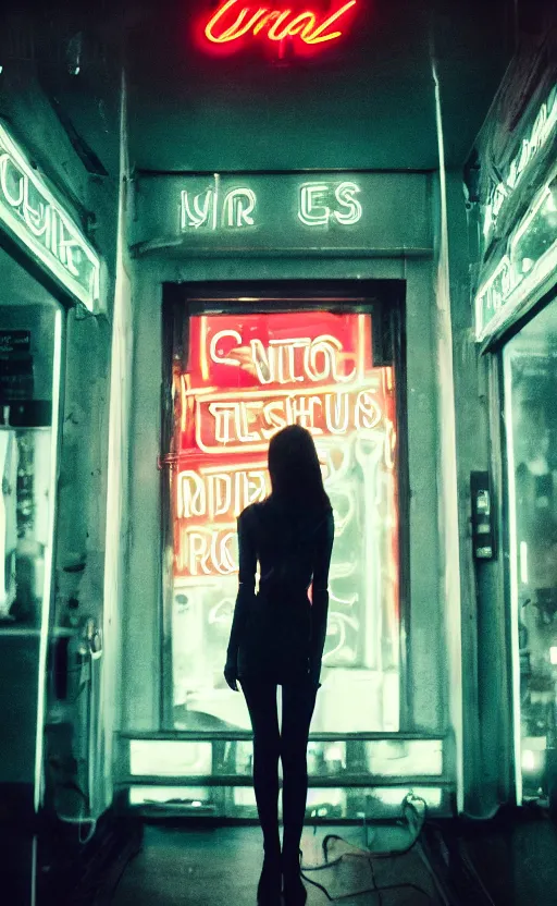 Image similar to vertical movie frame portrait of girl in 5 0's retro restaurant interior, neon - decorated urban on night in the city seen through the window, modern interior design, architectural design, vintage, night blade runner, dark, postapocalyptic, 4 k, octane, asian futuristic city at distance, big windows, octane, wide angle