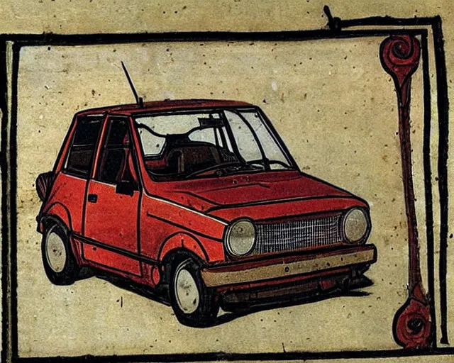 Prompt: Page from illuminated medieval manuscript showing a rusty Fiat 126p