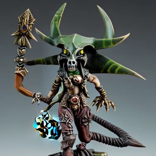 Image similar to photo of a female skaven from warhammer, skull rings, skull shield, warhammer model, figurine, highly detailed, sharp focus