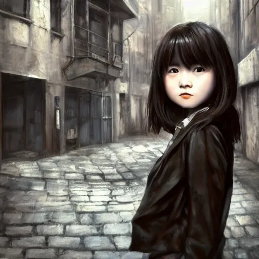 Image similar to a perfect, very detailed, realistic professional oil painting of a Japanese schoolgirl posing in a dystopian alleyway, style of Marvel, full length, by a professional American senior artist on ArtStation, a high-quality hollywood-style concept