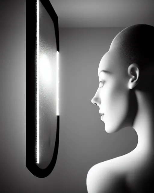 Prompt: black and white high quality photo of a beautiful female vegetal-cyborg looking into a sci-fi mirror, volumetric lighting, brutalism, foggy, dreamy, hyperdetailed, bokeh, photorealistic, cinematic, masterpiece, elegant, dark, by Man Ray in the style of Horst P. Horst, octane render, 8K,