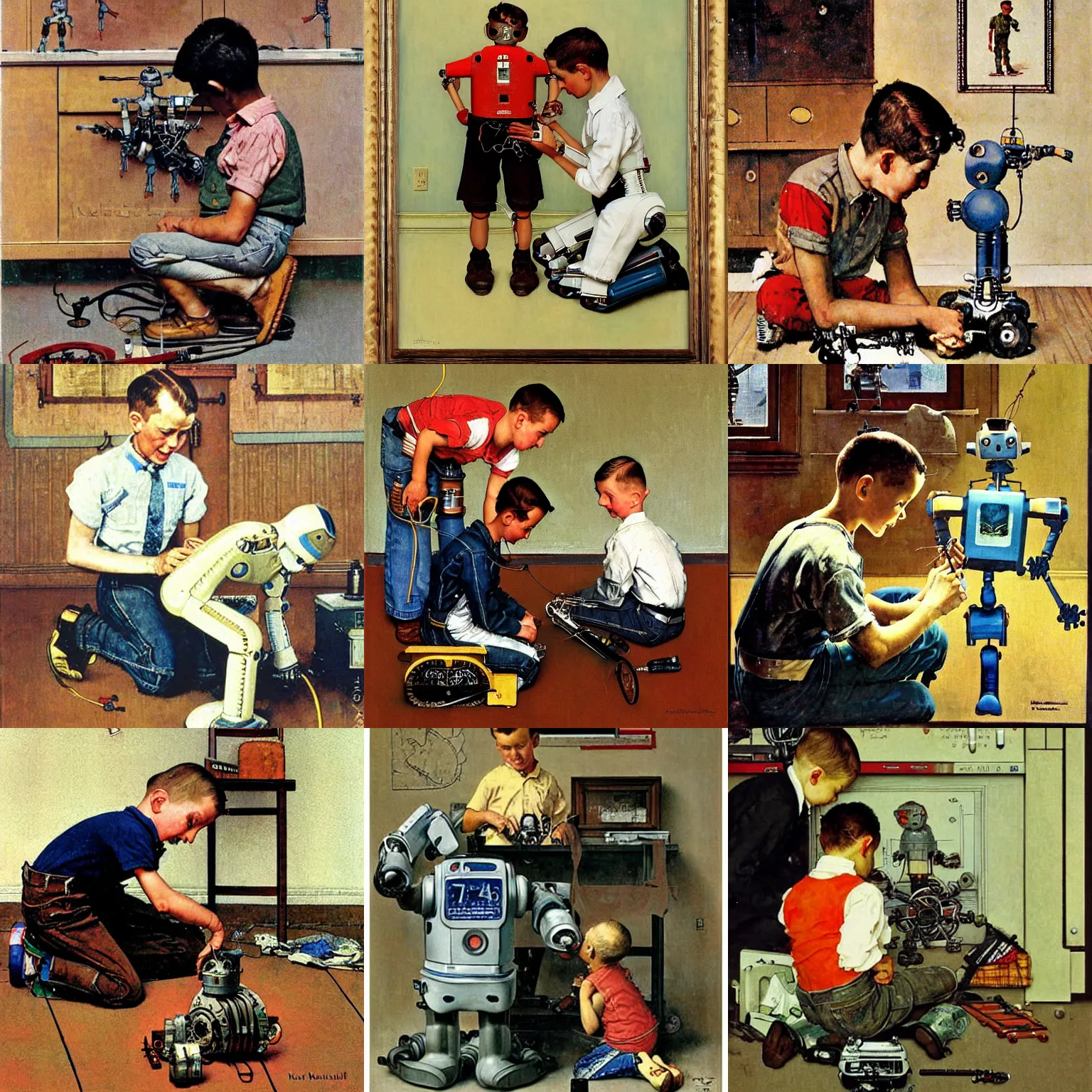 Prompt: a boy fixing his robot, painting by Norman Rockwell,