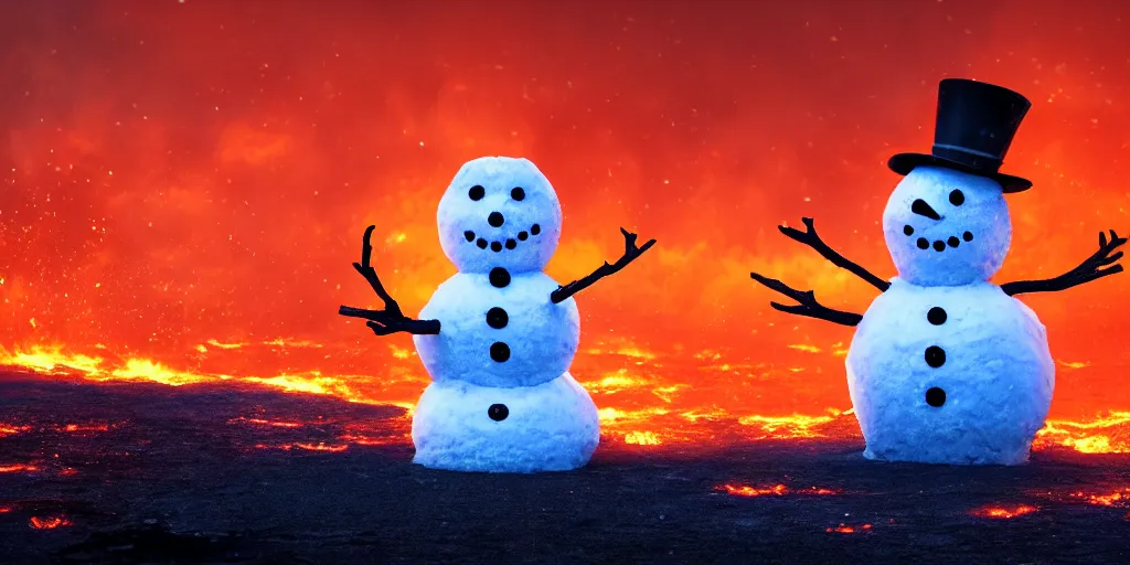 Image similar to a snowman melting on top of the sun and turning into water. the ground is made of fire and lava and is glowing orange. cinematic, dramatic, epic, volumetric lighting, atmospheric, red, orange extremely coherent, 8 k, space, warm, blade runner 2 0 4 9