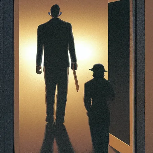 Image similar to an accountant working late does not notice the shadowy figure whose silhouette fills the door to his office. high quality high detail painting by david mattingly and ralph mcquarrie and richard corben, hd, realistic matte painting, photorealistic lighting, modern supernatural urban horror aesthetic.