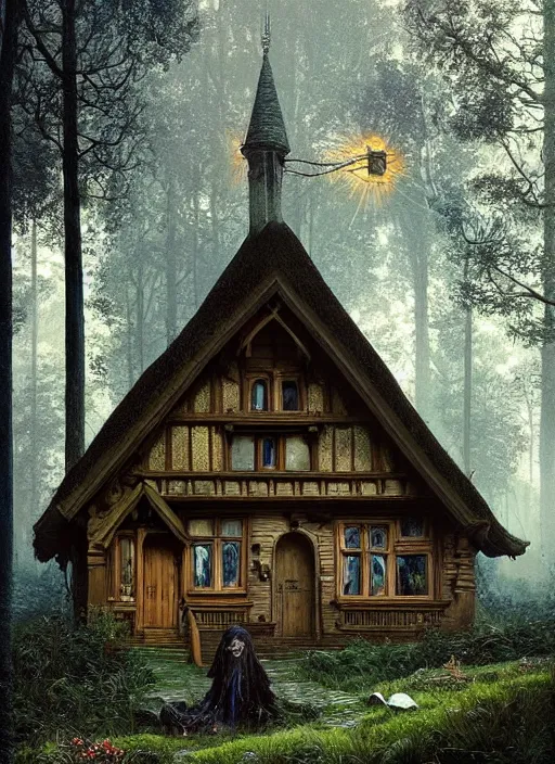 Image similar to hyper realistic homely ornate modern witch cottage far away in the woods gorgeous lighting, blue sky, highly detailed, lush forest by zdzisław beksinski and norman rockwell and greg rutkowskiweta studio, and lucasfilm