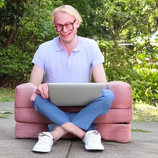 Prompt: tall pale skinny caucasian man with curly blonde hair with mismatching socks and capri pants holding laptop computer and laughing