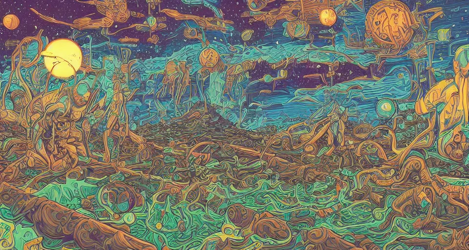 Prompt: the two complementary forces that make up all aspects and phenomena of life, by dan Mumford