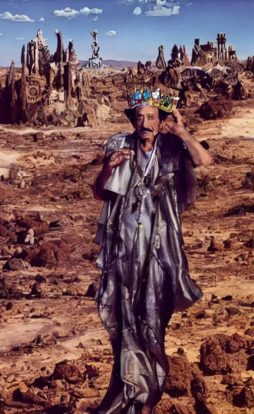 Image similar to salvador dali wearing a crown with jewels in a dry rocky desert landscape, visible sky and sunny atmosphere, alien city ruins in the background, film still from the movie by alejandro jodorowsky with cinematogrophy of christopher doyle and art direction by hans giger, anamorphic lens, kodakchrome, very detailed photo, 8 k