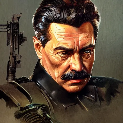 Image similar to joseph stalin as heavily damaged t - 8 0 0 terminator, highly detailed, digital painting, artstation, concept art, matte, sharp focus, illustration, art by artgerm and greg rutkowski and alphonse mucha