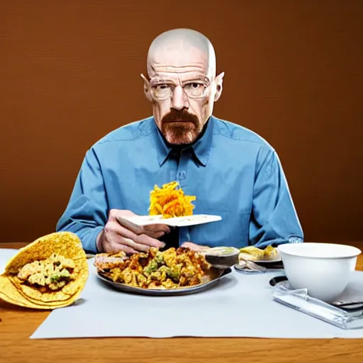 Image similar to sketch of walter white eating a taco,8k,real photo